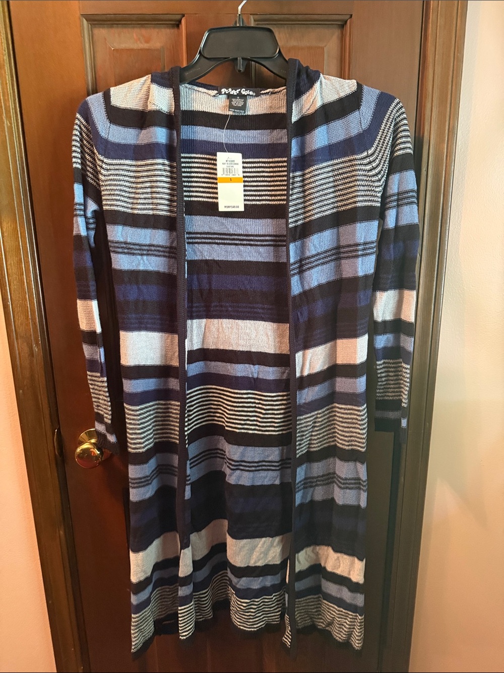 Planet Gold Navy and Light Blue Striped Hooded Maxi Cardigan